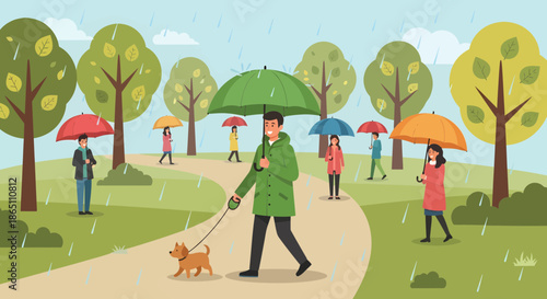 Man walking dog in park during rain with umbrella.