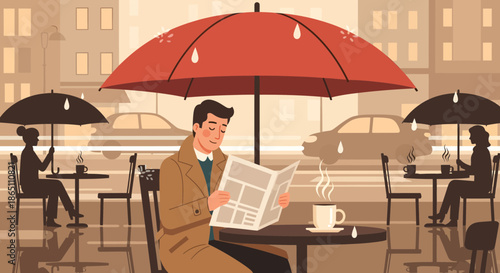Man Reading Newspaper at Outdoor Cafe on Rainy Day Illustration.