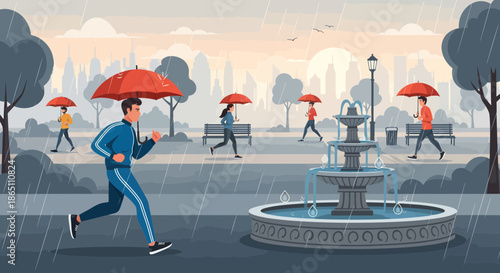Man running in the rain with an umbrella in the park.