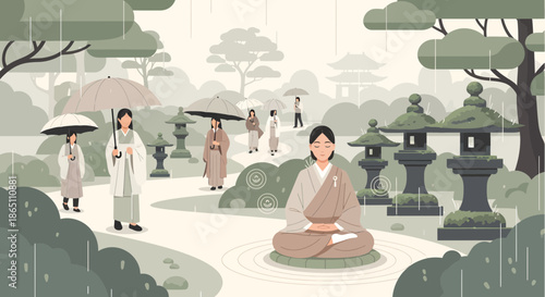 Meditating Woman in Rainy Japanese Garden with Stone Lanterns.