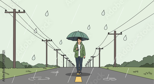 Person with Umbrella Walking on Road in Rain Illustration.
