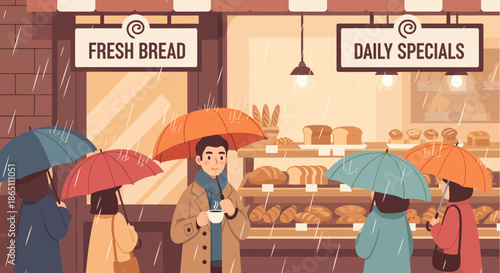 Rainy Day at the Bakery People with Umbrellas.