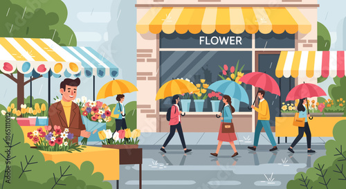 Rainy Day at the Flower Market People with Umbrellas.