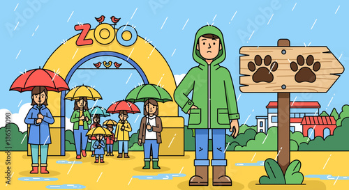 Rainy Day at the Zoo Visitors with Umbrellas and Raincoats.