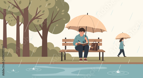 Rainy Day Reading A Person Under an Umbrella on a Bench.