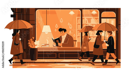 Rainy Day Reading People with Umbrellas Passing a Bookstore.