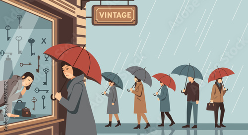 Rainy Day Shopping People with Umbrellas at Vintage Store.