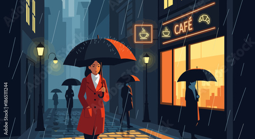 Rainy Day Stroll A Womans Journey Through a Wet Cityscape.