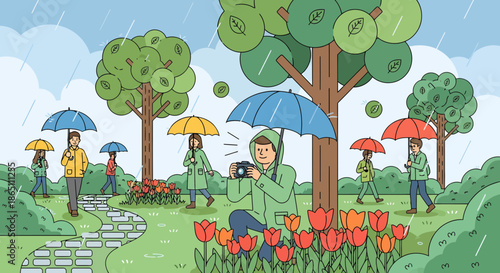 Rainy Day Stroll People with Umbrellas in a Lush Garden.