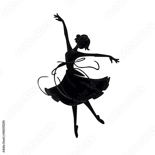 Silhouette of graceful ballerina dancing with flowing ribbons  