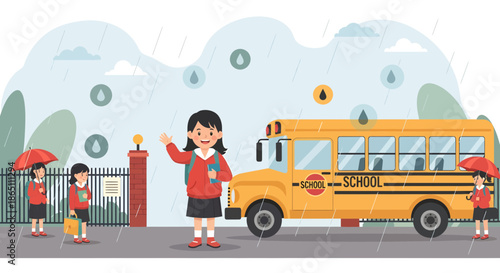 School Bus Scene with Students and a Cheerful Girl Waving.