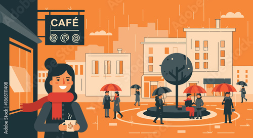 Smiling woman with coffee in rainy city cafe scene.