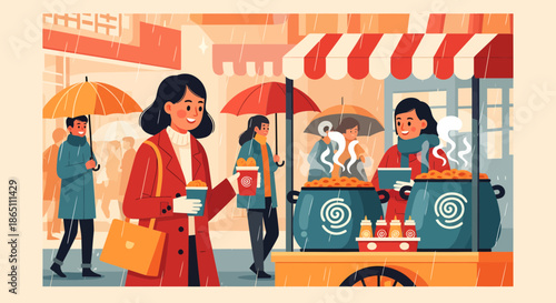 Street food vendor serving customers on a rainy day illustration.