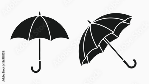 Two black umbrella icons one upright and one tilted on transparent background