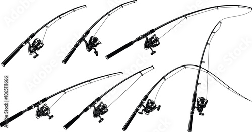 Fishing Rod and Reel Silhouette Vector Set Featuring Spinning Reels, Casting Rods, Angling Equipment, Sport Fishing Gear, and Outdoor Hobby Icons
