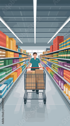 Man Shopping in a Supermarket Aisle, retail shopping concept