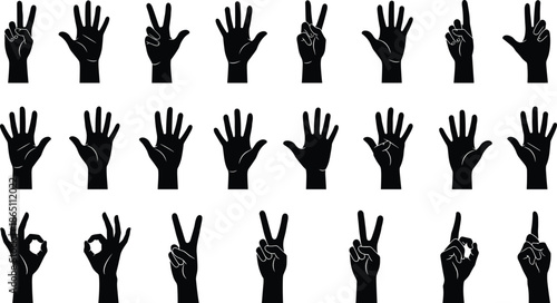 Hand Gesture Silhouette Vector Set Featuring Counting Fingers, Victory Signs, Peace Symbols, OK Gestures, Human Hand Poses, and Communication Icons