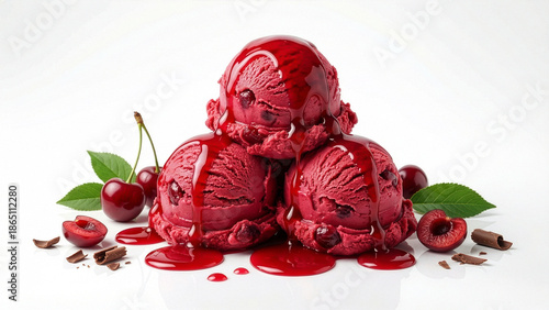 Cherry Ice Cream Scoops with Red Fruit Sauce and Fresh Cherries on White Background