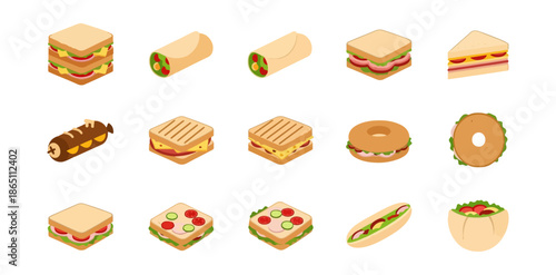 Assorted sandwich and food items on black background