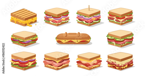 Assorted sandwich illustrations isolated on black background