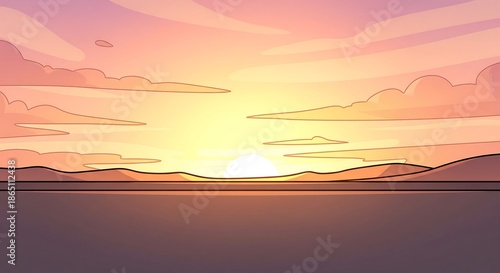Pixelated Sunset Over Calm Water Horizon With Orange Pink Sky Clouds