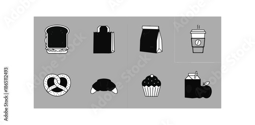 Assortment of food and beverage items in minimalist style on gray background