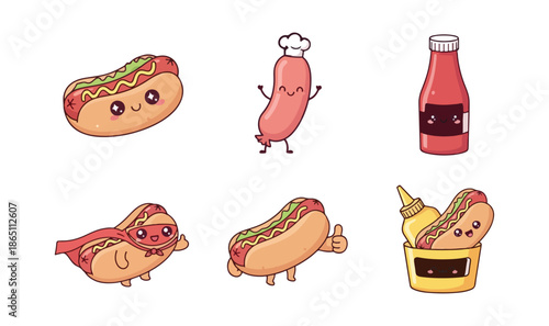 Cartoon hot dog characters and condiments on black background