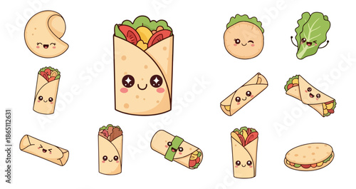 Cartoon wraps and tacos food illustration set