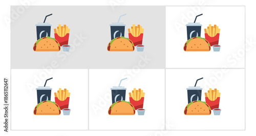 Fast food assortment graphic illustration various compositions isolated