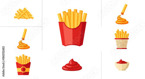 Golden french fries in red container with sauces illustration