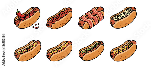 Variety of illustrated hot dogs with different toppings