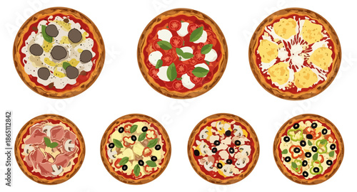 Variety of prepared pizzas overhead view for culinary design
