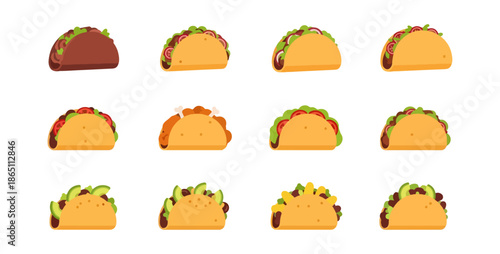 Variety of prepared tacos on black background vector illustration