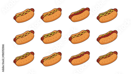 Array of hot dogs with mustard and ketchup on black background