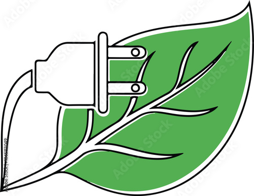  Sustainable green energy concept icon featuring an electric plug and green leaf line art vector.