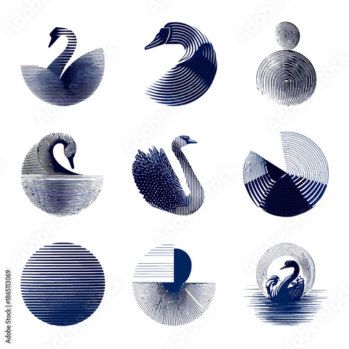 Elegant swan designs abstract vector illustrations on white background