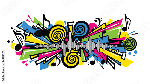 Urban mural vector illustration inspired by graffiti art featuring abstract music notes, sound waves, and bold shapes on brick wall background, ideal for posters, wallpapers, and music branding visual