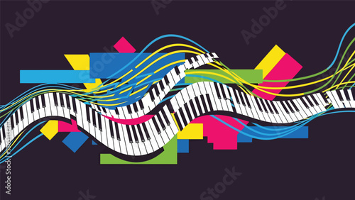Urban music mural vector illustration combining abstract piano keys, flowing lines, and geometric street art patterns, flat design ideal for modern music posters and wallpapers