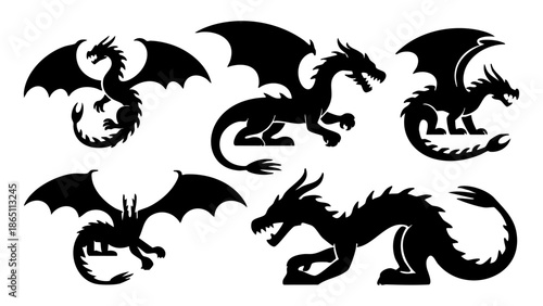 Black dragon silhouettes set with mythical wings and tails, Fantasy creature vector icons collection for gaming and logo design, Heraldic tribal dragon silhouettes for tattoo and mascot design, Set 