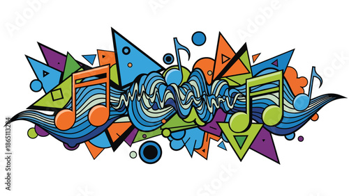 Urban mural vector illustration inspired by graffiti art featuring abstract music notes, sound waves, and bold shapes on brick wall background, ideal for posters, wallpapers, and music branding visual