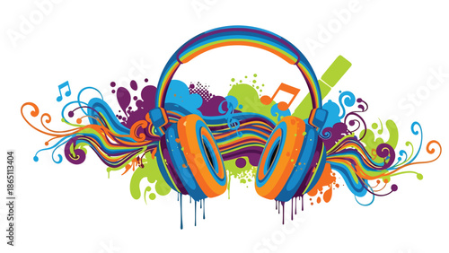 Music-themed urban mural vector with oversized abstract headphones, rhythmic lines, and bold color blocks in graffiti style, perfect for modern music posters, wallpapers, and creative advertising