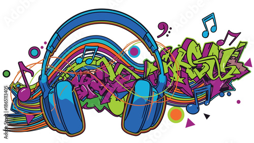 Music-themed urban mural vector with oversized abstract headphones, rhythmic lines, and bold color blocks in graffiti style, perfect for modern music posters, wallpapers, and creative advertising