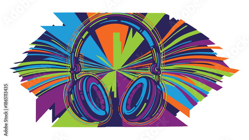 Music-themed urban mural vector with oversized abstract headphones, rhythmic lines, and bold color blocks in graffiti style, perfect for modern music posters, wallpapers, and creative advertising
