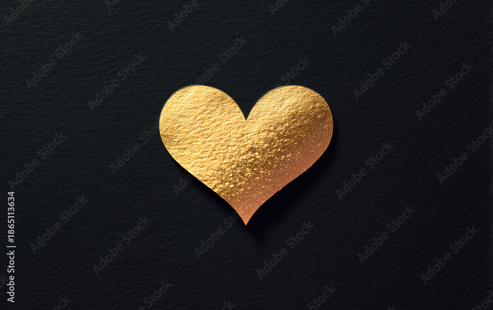 Obraz premium Elegant golden heart symbol on dark luxury background, minimalist premium love icon with metallic texture, romantic design for valentine greeting card, wedding invitation, anniversary or branding conc