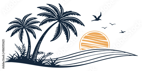 vector illustration of a tropical island with sunset