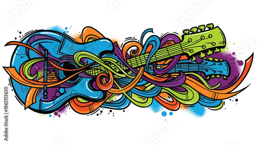 Music-inspired urban mural vector with abstract guitar shapes, flowing curves, and rhythmic street patterns across wall background, perfect for posters, wallpapers, and creative music branding
