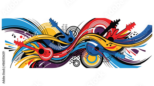 Music-inspired urban mural vector with abstract guitar shapes, flowing curves, and rhythmic street patterns across wall background, perfect for posters, wallpapers, and creative music branding