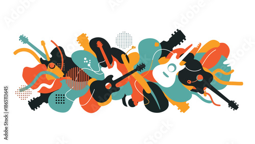 Music-inspired urban mural vector with abstract guitar shapes, flowing curves, and rhythmic street patterns across wall background, perfect for posters, wallpapers, and creative music branding