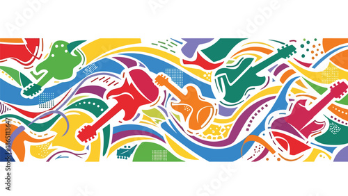 Music-inspired urban mural vector with abstract guitar shapes, flowing curves, and rhythmic street patterns across wall background, perfect for posters, wallpapers, and creative music branding