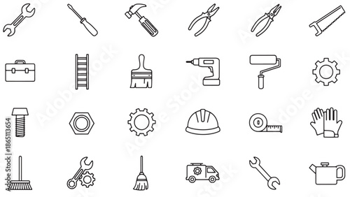 Industrial construction and repair tool icon set for engineering services manufacturing industry branding and technical maintenance business operations management systems.